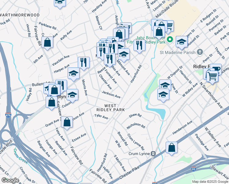 map of restaurants, bars, coffee shops, grocery stores, and more near 818 Hancock Avenue in Ridley Park