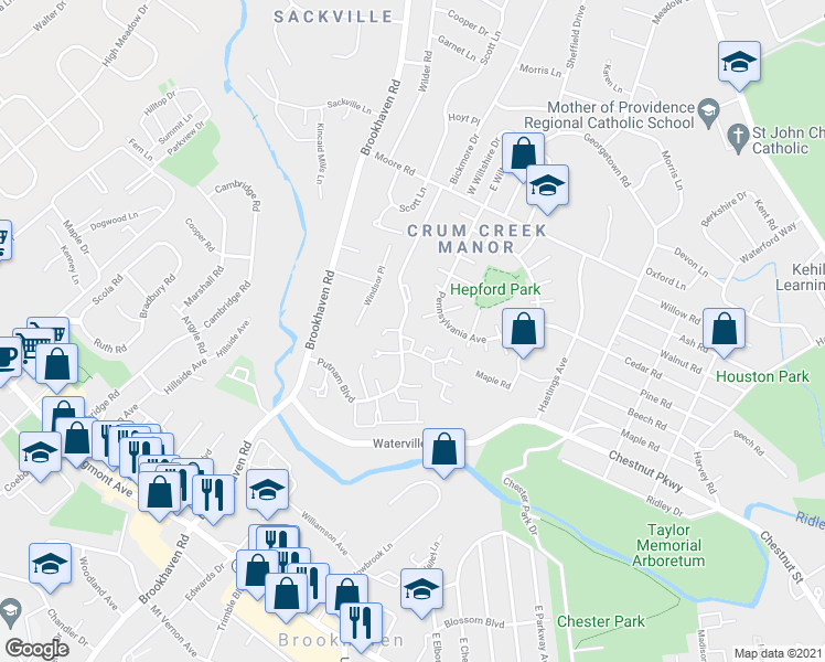 map of restaurants, bars, coffee shops, grocery stores, and more near 304 Saybrook Lane in Delaware County