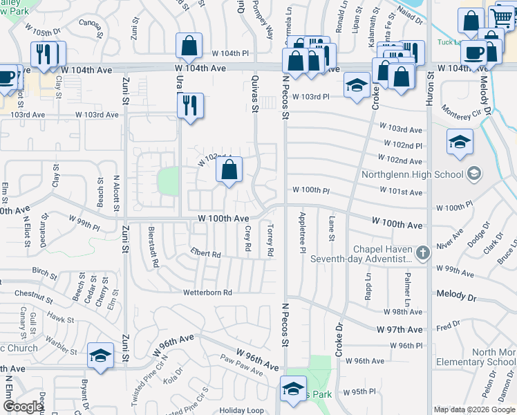 map of restaurants, bars, coffee shops, grocery stores, and more near 1701 West 101st Avenue in Thornton