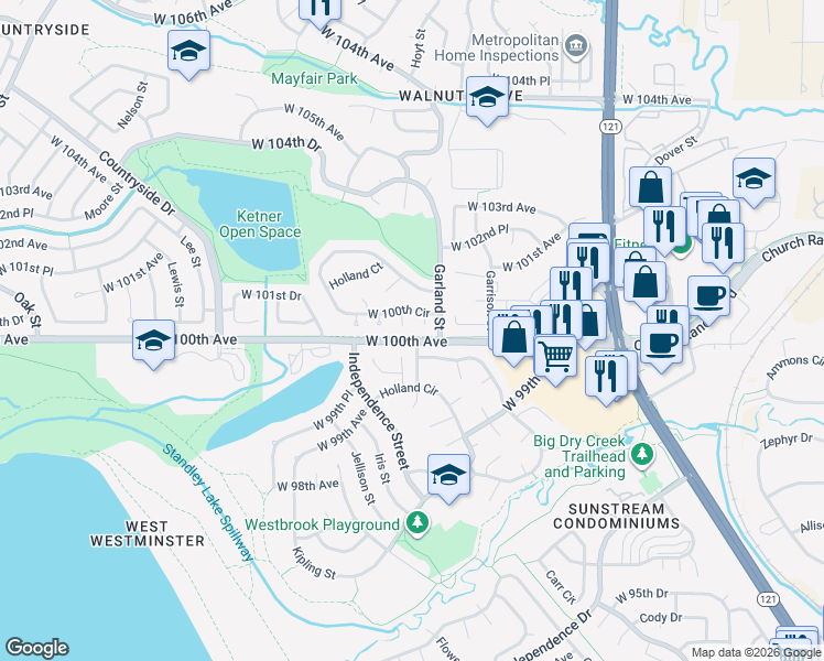 map of restaurants, bars, coffee shops, grocery stores, and more near 9212 West 100th Circle in Westminster