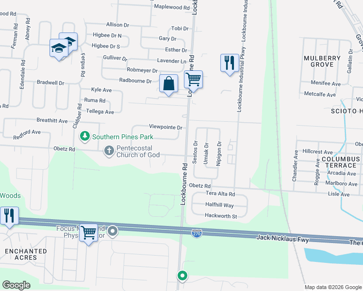 map of restaurants, bars, coffee shops, grocery stores, and more near 1193 Rendezvous Lane in Columbus