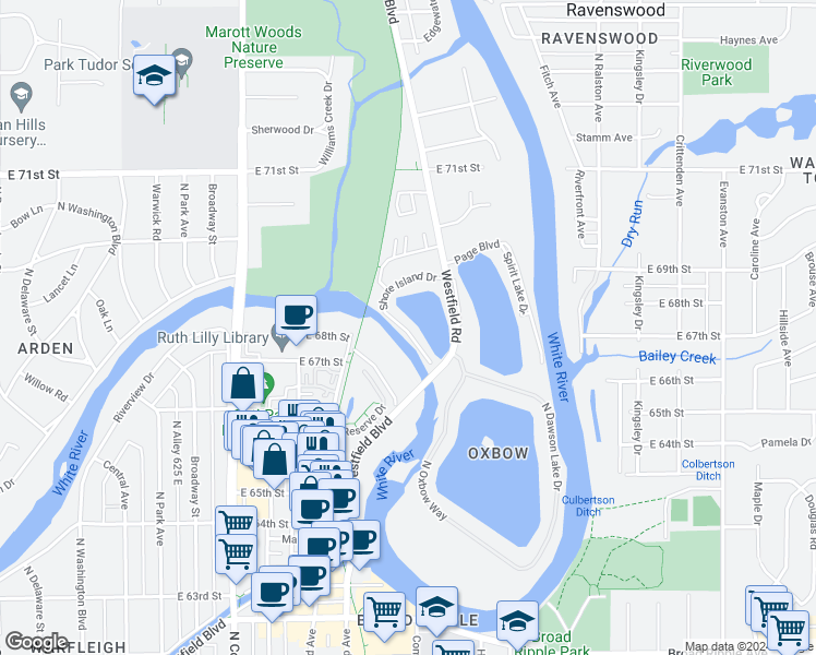 map of restaurants, bars, coffee shops, grocery stores, and more near 6713 Shore Island Drive in Indianapolis