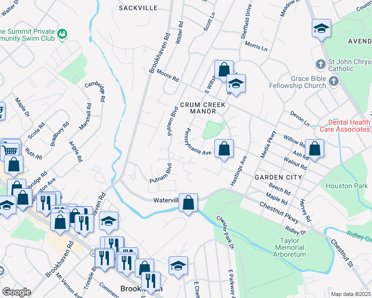 map of restaurants, bars, coffee shops, grocery stores, and more near 403 Denver Court in Nether Providence Township