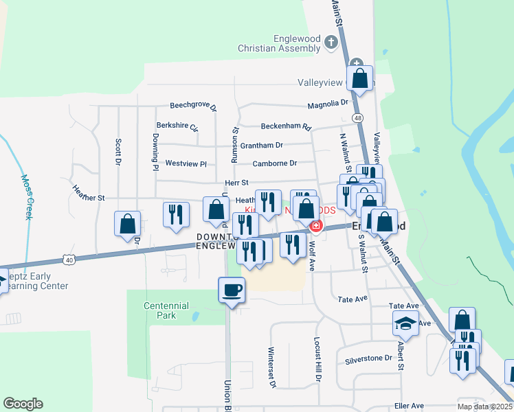 map of restaurants, bars, coffee shops, grocery stores, and more near 322 Heather Street in Englewood