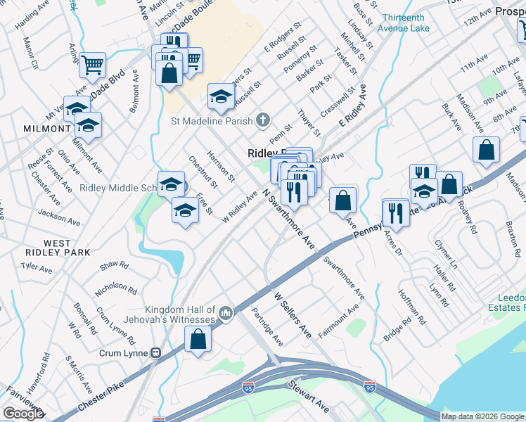 map of restaurants, bars, coffee shops, grocery stores, and more near 112 North Swarthmore Avenue in Ridley Park