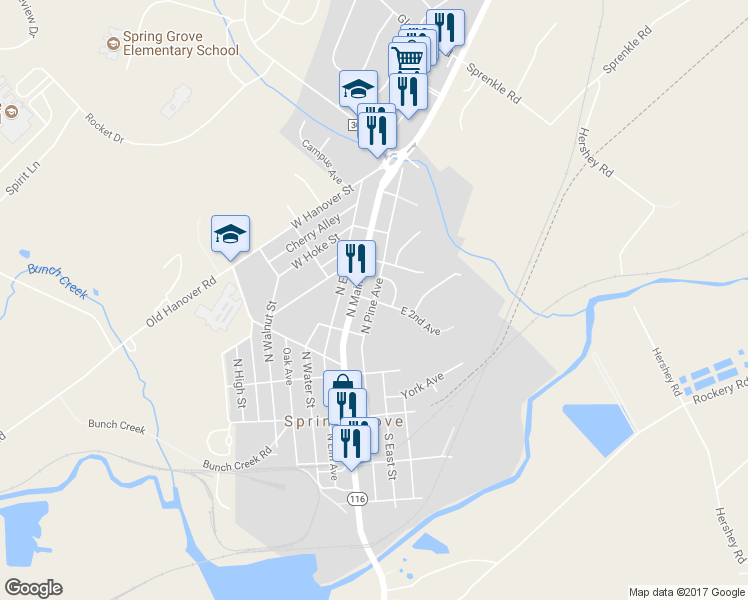 map of restaurants, bars, coffee shops, grocery stores, and more near 287 North Pine Avenue in Spring Grove
