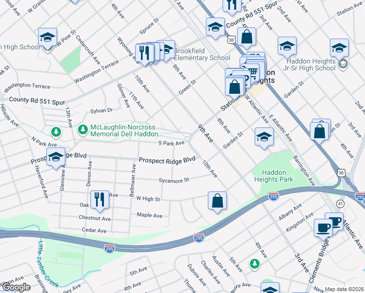 map of restaurants, bars, coffee shops, grocery stores, and more near 1002 South Park Avenue in Haddon Heights