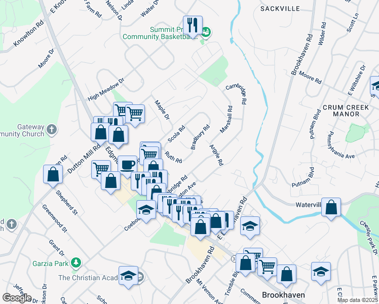 map of restaurants, bars, coffee shops, grocery stores, and more near 109 Bradbury Road in Brookhaven