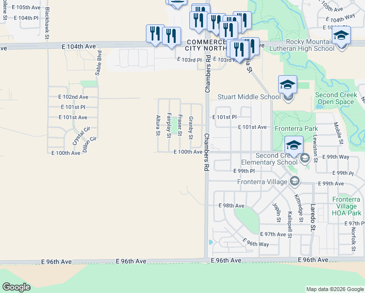 map of restaurants, bars, coffee shops, grocery stores, and more near 10037 Granby Street in Commerce City