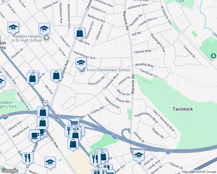 map of restaurants, bars, coffee shops, grocery stores, and more near 968 Mercer Drive in Haddonfield