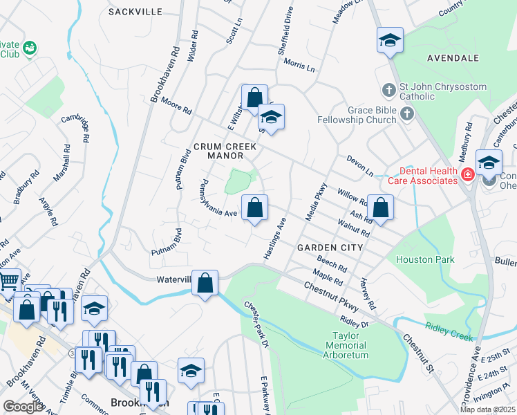 map of restaurants, bars, coffee shops, grocery stores, and more near 797 Pennsylvania Avenue in Nether Providence Township
