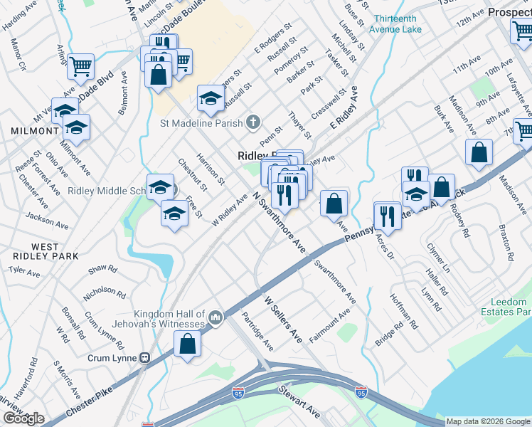 map of restaurants, bars, coffee shops, grocery stores, and more near 112 North Swarthmore Avenue in Ridley Park
