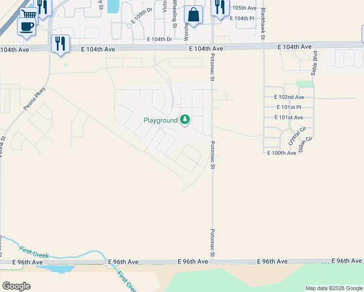 map of restaurants, bars, coffee shops, grocery stores, and more near 10033 Worchester Street in Commerce City