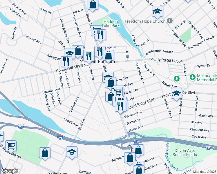 map of restaurants, bars, coffee shops, grocery stores, and more near 125 South Black Horse Pike in Mount Ephraim