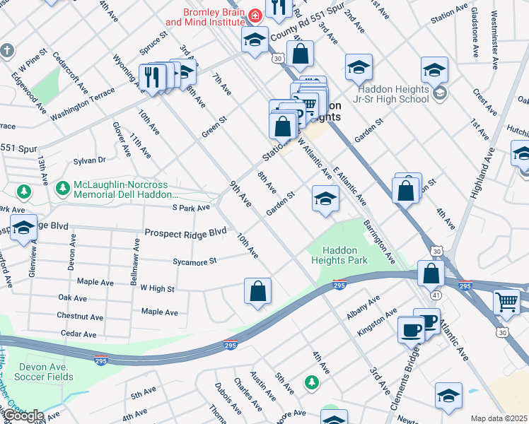 map of restaurants, bars, coffee shops, grocery stores, and more near 225 9th Avenue in Haddon Heights
