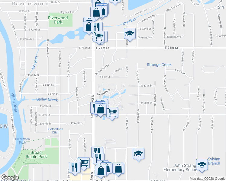 map of restaurants, bars, coffee shops, grocery stores, and more near 2616 Bridgeview Way in Indianapolis