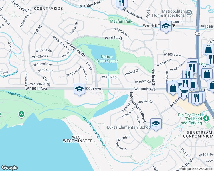 map of restaurants, bars, coffee shops, grocery stores, and more near 10082 West 100th Place in Broomfield