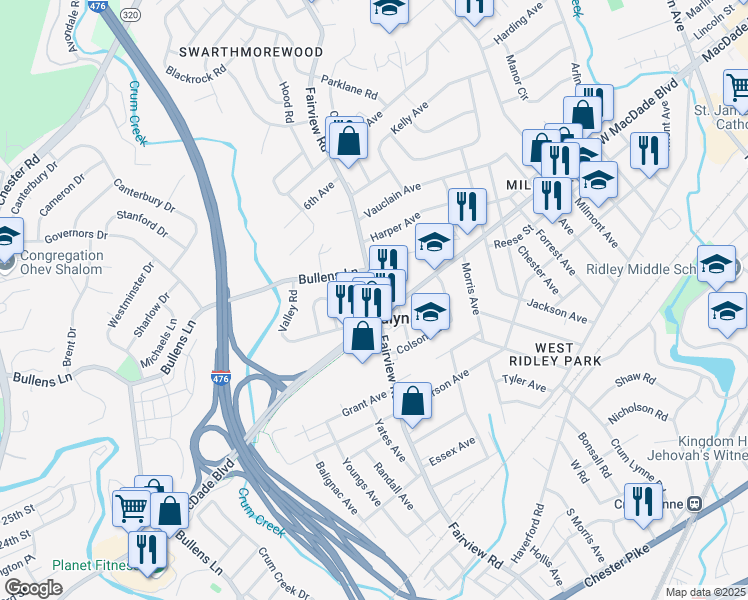 map of restaurants, bars, coffee shops, grocery stores, and more near 315 Fairview Road in Woodlyn