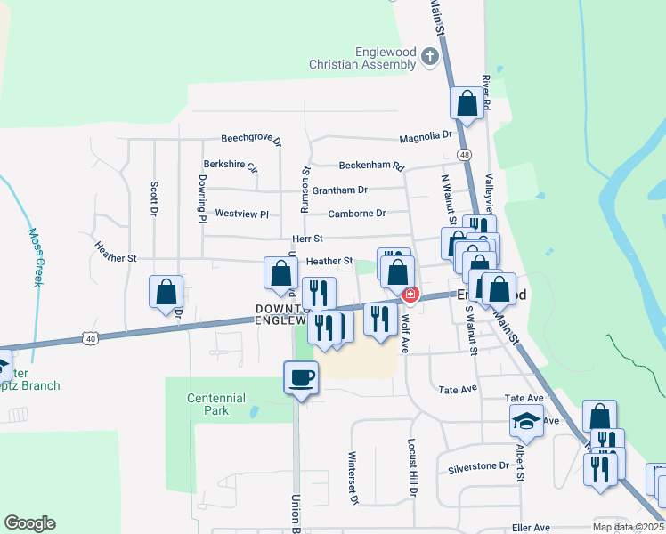 map of restaurants, bars, coffee shops, grocery stores, and more near 327 Heather Street in Englewood