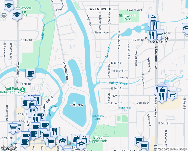 map of restaurants, bars, coffee shops, grocery stores, and more near 6721 Riverfront Avenue in Indianapolis