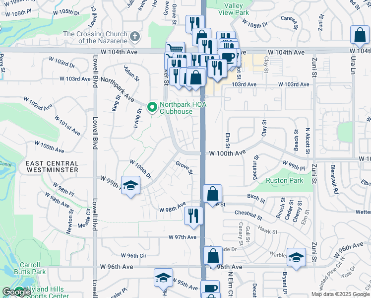 map of restaurants, bars, coffee shops, grocery stores, and more near 10012 North Grove Loop in Westminster