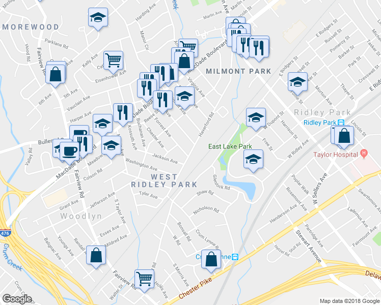 map of restaurants, bars, coffee shops, grocery stores, and more near 725 Haverford Road in Ridley Park