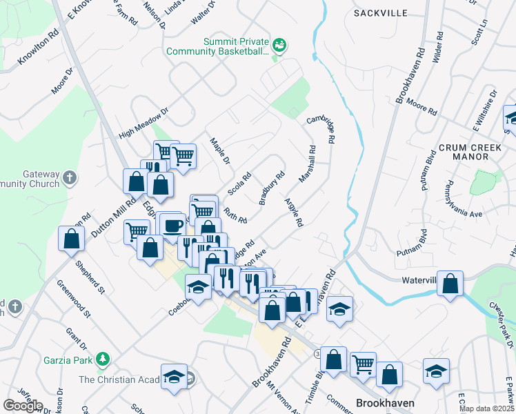 map of restaurants, bars, coffee shops, grocery stores, and more near 109 Bradbury Road in Brookhaven