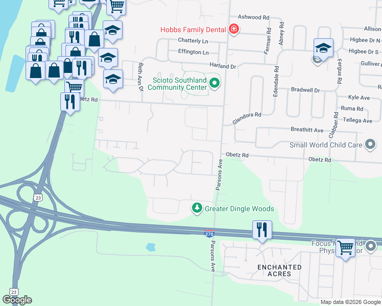 map of restaurants, bars, coffee shops, grocery stores, and more near 416 Chambersburg Road in Columbus
