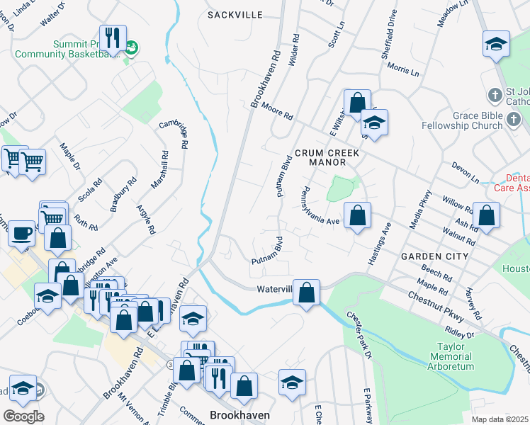 map of restaurants, bars, coffee shops, grocery stores, and more near 917 Putnam Boulevard in Delaware County