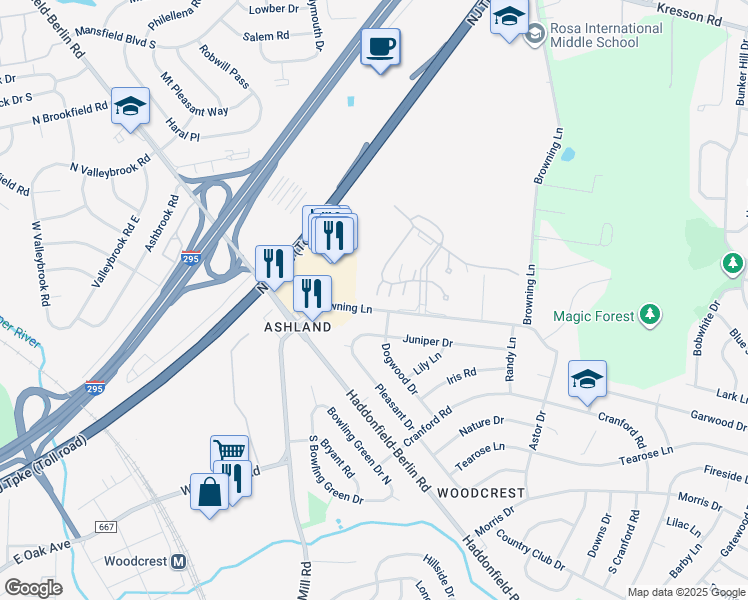 map of restaurants, bars, coffee shops, grocery stores, and more near 245 Derby Court in Cherry Hill