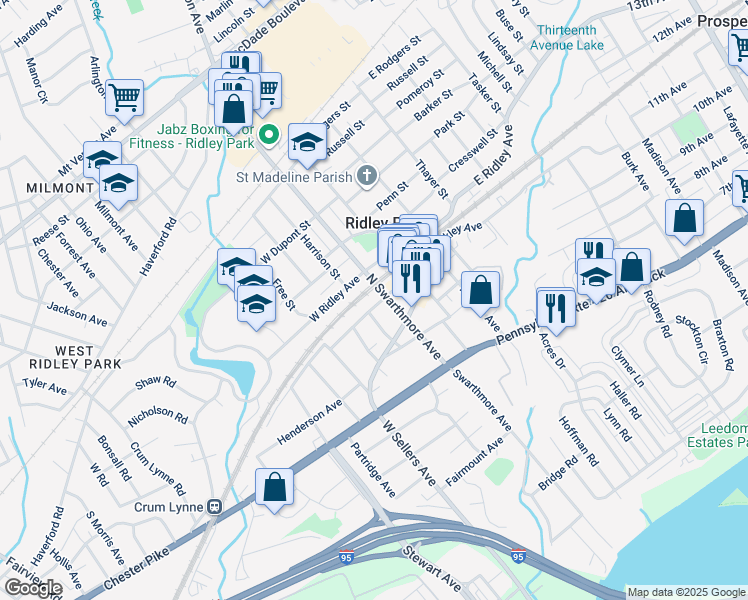map of restaurants, bars, coffee shops, grocery stores, and more near 112 North Swarthmore Avenue in Ridley Park