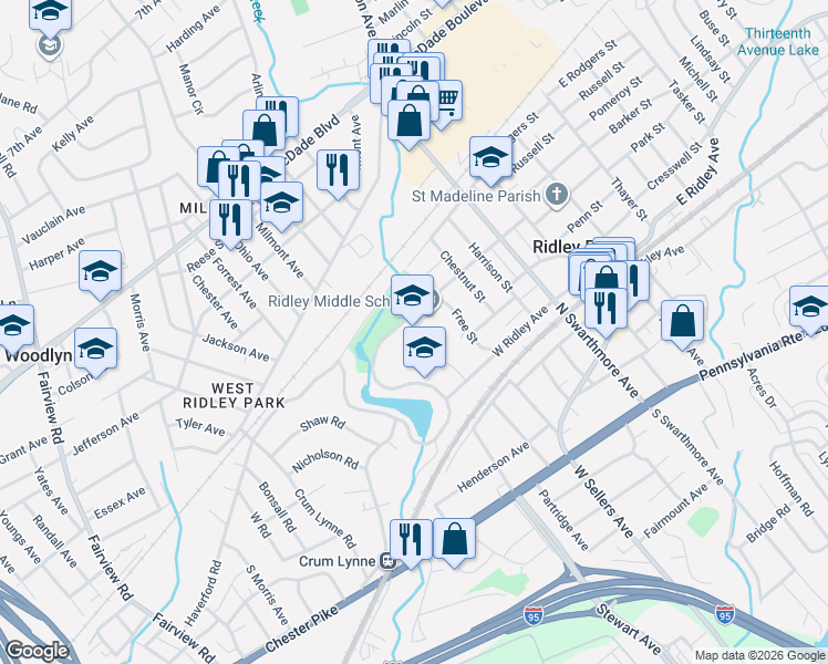 map of restaurants, bars, coffee shops, grocery stores, and more near 400 Free Street in Ridley Park