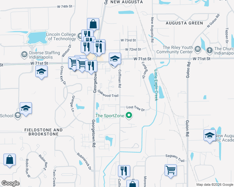 map of restaurants, bars, coffee shops, grocery stores, and more near 6844 Coffman Road in Indianapolis