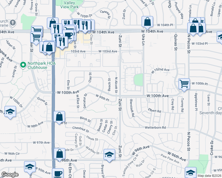 map of restaurants, bars, coffee shops, grocery stores, and more near 10011 North Alcott Street in Federal Heights