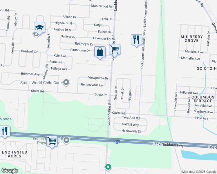 map of restaurants, bars, coffee shops, grocery stores, and more near 1193 Rendezvous Lane in Columbus