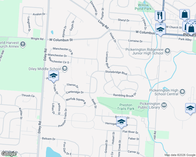 map of restaurants, bars, coffee shops, grocery stores, and more near 525 Stonebridge Boulevard in Pickerington