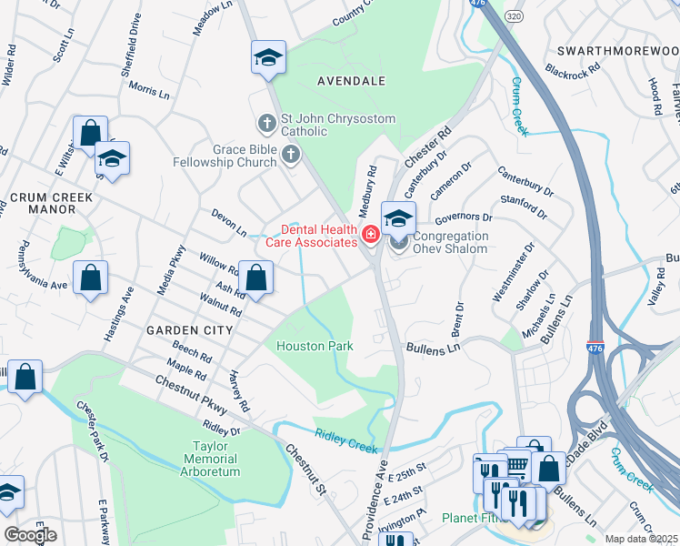 map of restaurants, bars, coffee shops, grocery stores, and more near 829 Pleasant Hill Road in Delaware County