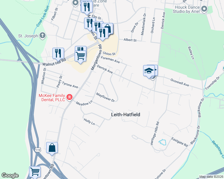 map of restaurants, bars, coffee shops, grocery stores, and more near 103 Mayflower Drive in Uniontown