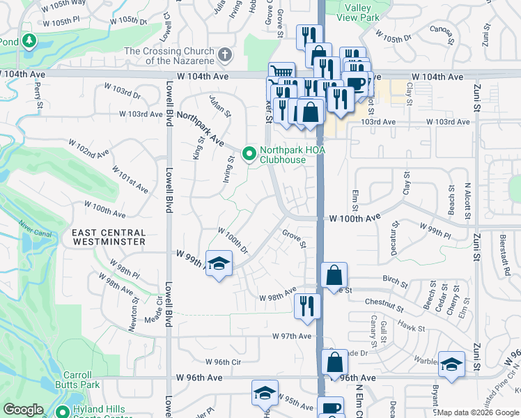 map of restaurants, bars, coffee shops, grocery stores, and more near 10078 Hooker Street in Westminster
