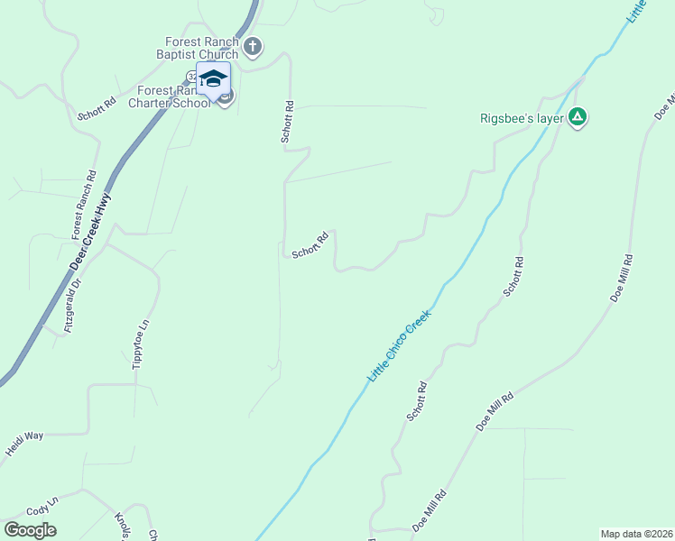 map of restaurants, bars, coffee shops, grocery stores, and more near Schott Road in Forest Ranch