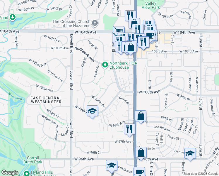 map of restaurants, bars, coffee shops, grocery stores, and more near 10078 Hooker Street in Westminster