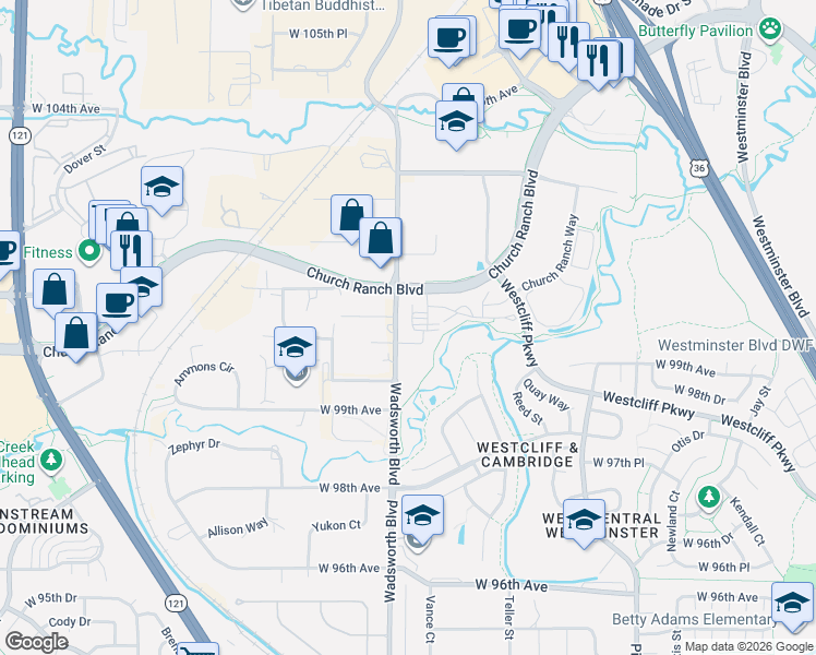 map of restaurants, bars, coffee shops, grocery stores, and more near 10020 Wadsworth Boulevard in Westminster