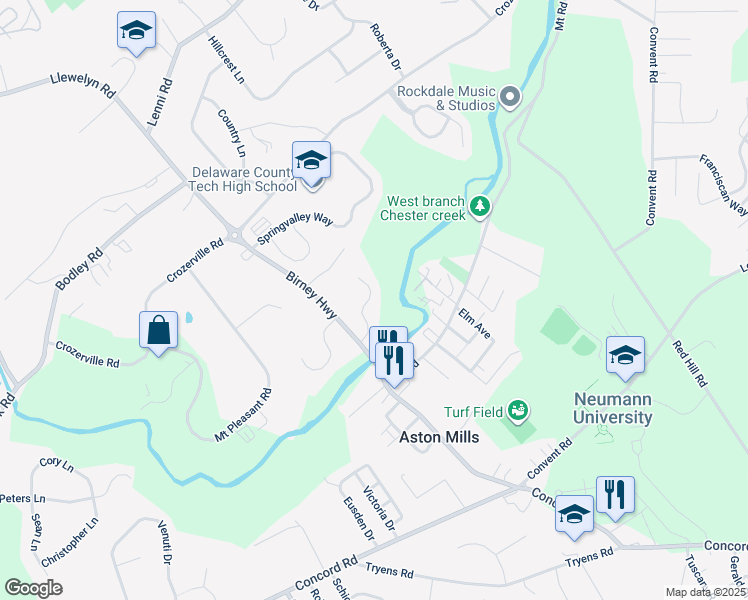 map of restaurants, bars, coffee shops, grocery stores, and more near 21 Hoag Lane in Aston