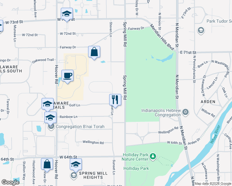map of restaurants, bars, coffee shops, grocery stores, and more near 6615 Sunset Lane in Indianapolis
