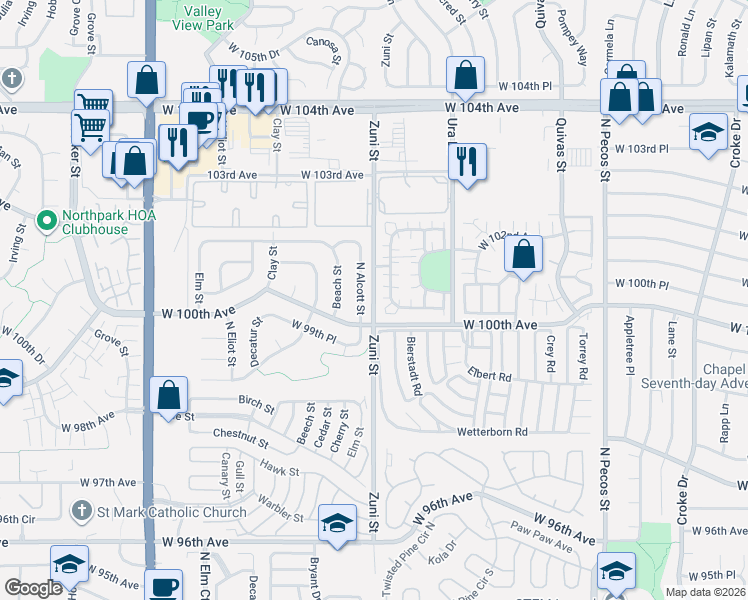map of restaurants, bars, coffee shops, grocery stores, and more near 2944 Zuni Street in Denver