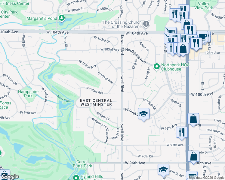 map of restaurants, bars, coffee shops, grocery stores, and more near 10034 Lowell Way in Westminster