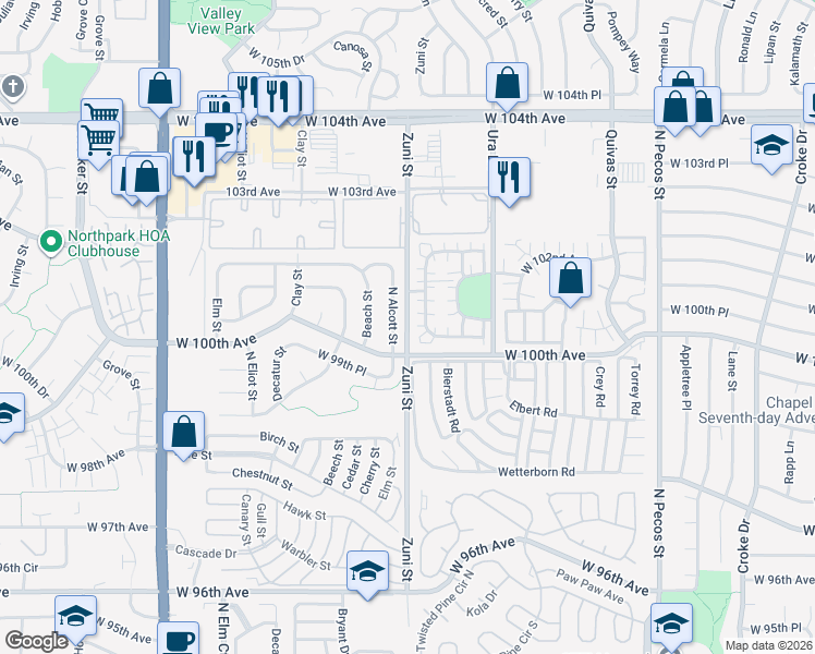 map of restaurants, bars, coffee shops, grocery stores, and more near 3050 Zuni Street in Denver
