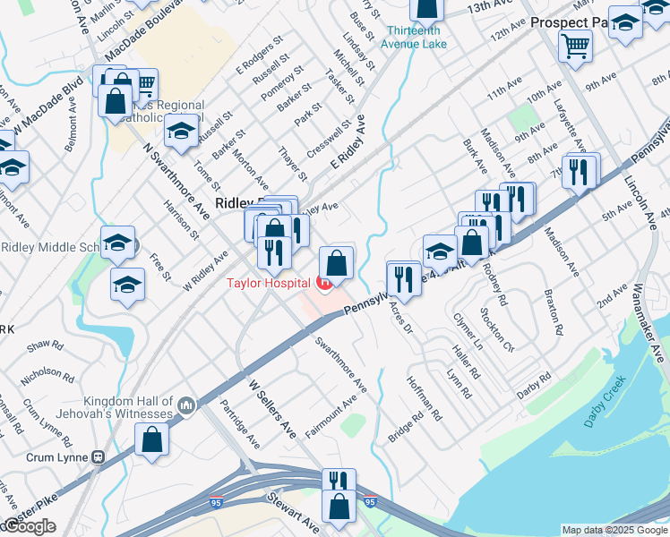 map of restaurants, bars, coffee shops, grocery stores, and more near 21-23 Morton Avenue in Ridley Park