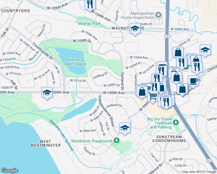 map of restaurants, bars, coffee shops, grocery stores, and more near 9230 West 100th Circle in Westminster