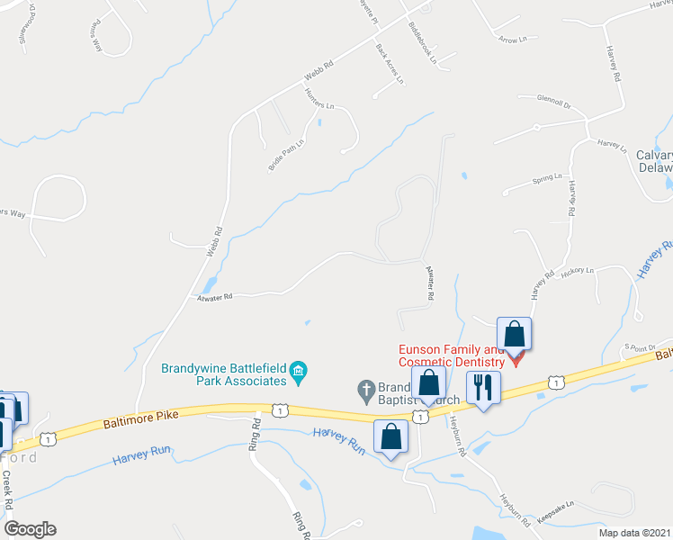 map of restaurants, bars, coffee shops, grocery stores, and more near 31 Atwater Road in Chadds Ford